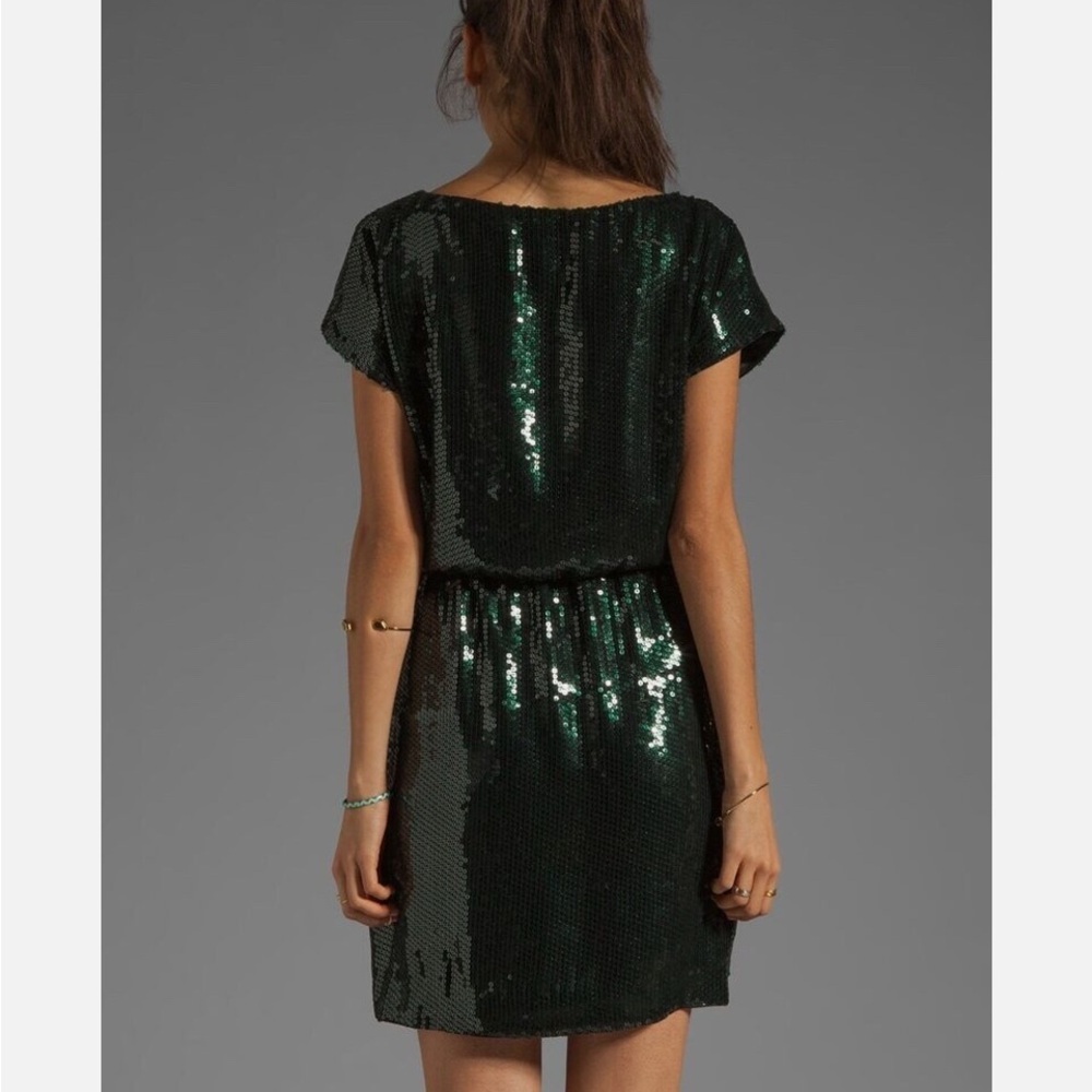 Trina Turk, size 8, goldfinger blouson dark green sequined dress - Picture 2 of 9